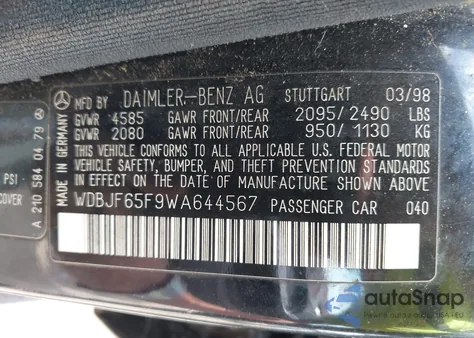 1998 Mercedes-Benz E 320 из США, поврежденный, VIN WDBJF65F9WA644567